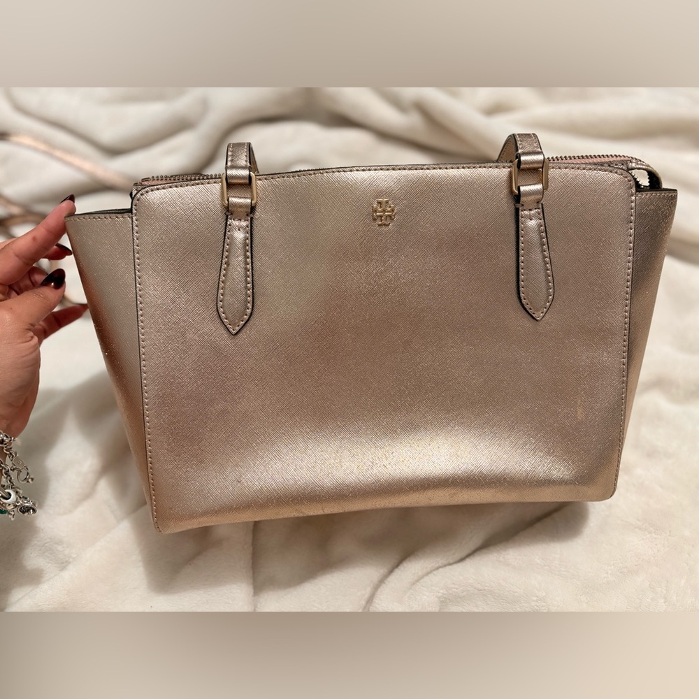 Tory Burch Metallic Rose Tote with Top Handles